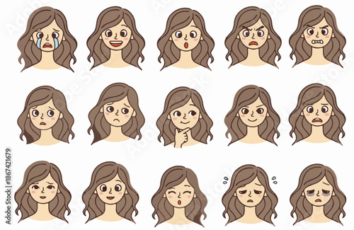 Set of Female Cartoon Facial Expressions and Emotions