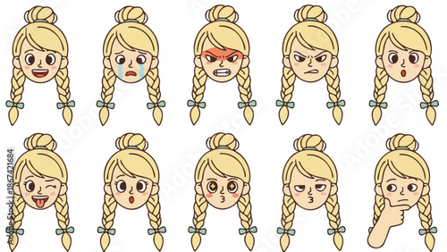 Vector illustration of a blonde woman character avatar set featuring a fashion model face with a stylish hair drawing and cartoon beauty eyes art design