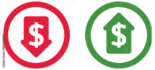 Money Growth and Decline Icons, Price, Sale, and Profit Up or Down with Arrows and Dollar Sign, Vector Illustration for Financial Trends and Analysis.