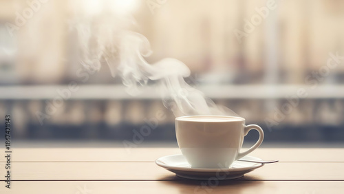 Steaming cup of coffee on wooden table with blurred background  