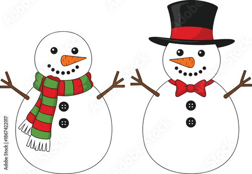 Cute snowman cartoon illustration set with scarf bowtie and hat, cheerful winter holiday characters for Christmas greeting design projects