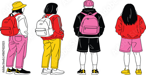 Vector illustration set of young people seen from behind wearing colorful backpacks and casual streetwear outfits like hoodies jackets and shorts.