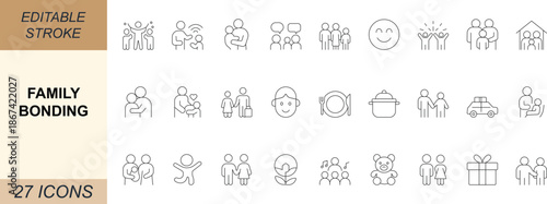 Family Bonding vector icon set with designs of parents, children, love, care, celebration, travel, and togetherness. Perfect for apps, web, lifestyle, and UI projects. Editable stroke. 