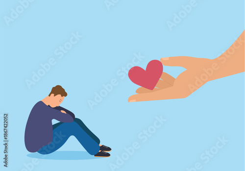 Empathy support or kindness compassion, understanding or giving care and love to people, employee or coworker, kindness hand giving heart to depressed sadness man