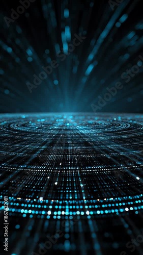 An abstract digital landscape with a dark background. Blue light streaks emanate from a bright central point, with glowing blue particles scattered across a digital grid.