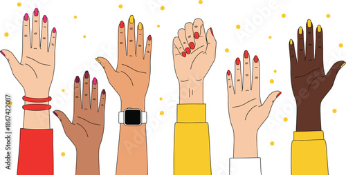 Vector illustration set of diverse female hands with colorful manicures raised up featuring various skin tones bracelets a smartwatch and yellow sleeves.