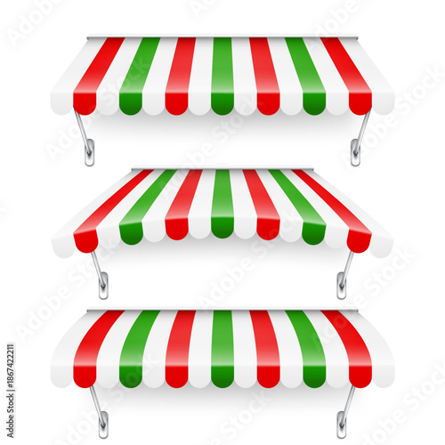 Shop sunshade. Realistic striped cafe awning. Outdoor market tent. Roof canopy. Summer street store. Vector illustration.