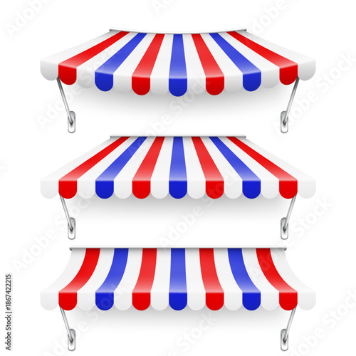 Shop sunshade. Realistic striped cafe awning. Outdoor market tent. Roof canopy. Summer street store. Vector illustration.