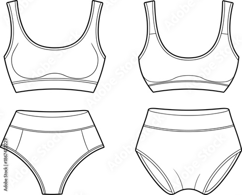 Front and back flat sketches of a sports bra and high-waisted briefs set underwear lingerie