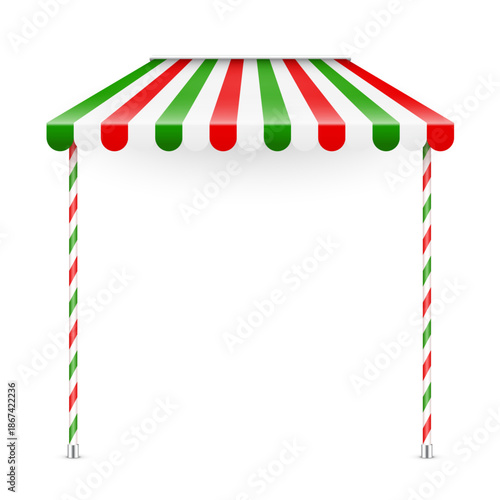 Shop sunshade. Realistic striped cafe awning. Outdoor market tent. Roof canopy. Summer street store. Vector illustration.