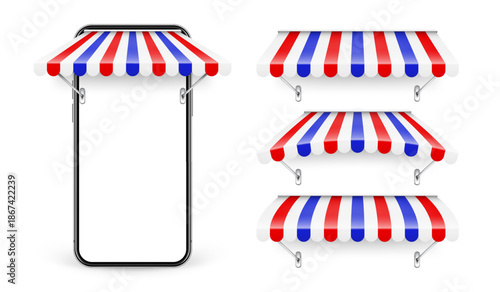 Shop sunshade. Realistic striped cafe awning. Outdoor market tent. Roof canopy. Summer street store. Vector illustration.