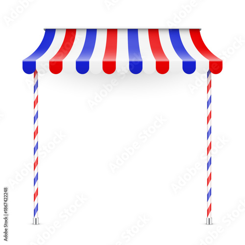 Shop sunshade. Realistic striped cafe awning. Outdoor market tent. Roof canopy. Summer street store. Vector illustration.