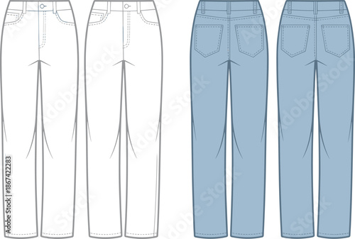 Front and back flat sketches of light blue denim jeans and grey outline jeans pants trousers