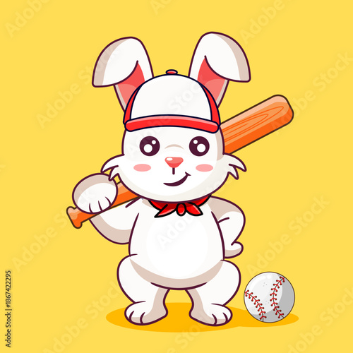 Cute Cartoon Rabbit Ready for a Baseball Game Vector Illustration Cartoon Design Kawaii