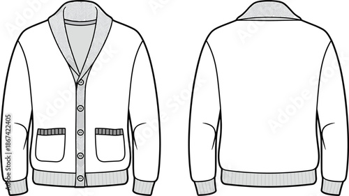Front and back view of a black and white outline drawing of a button-up cardigan with pockets jacket