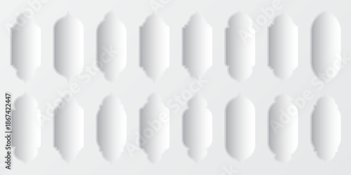 Islamic frames, oriental style objects. Arabic shapes, windows and arches with shadows. Traditional ornamental frame. Muslim holidays, Ramadan Kareem. Modern eastern architecture. Vector illustration.