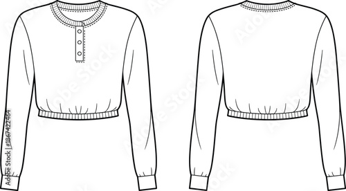 Front and back view of a black and white outline drawing of a cropped henley long sleeve shirt crop top