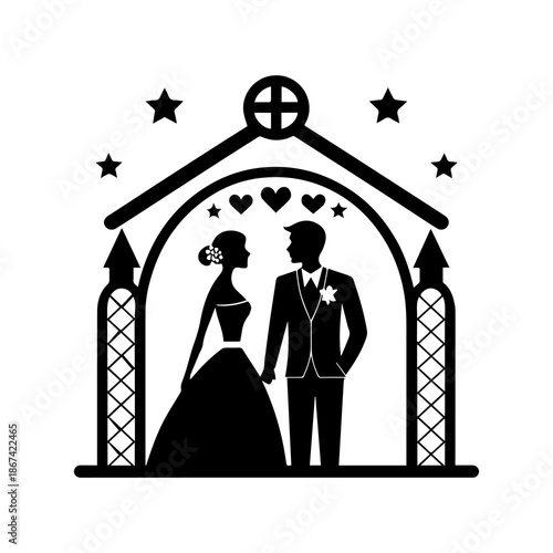Couple exchanging vows under decorative arch