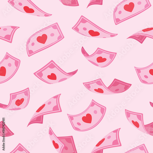 pattern with paper pink banknotes for Valentine's Day with red hearts in different perspectives, for stickers, printing or other thematic designs