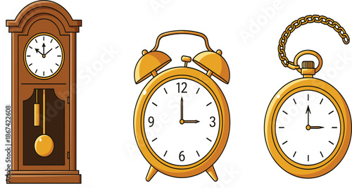 Vector illustration set of classic timepieces featuring a wooden grandfather clock a gold twin bell alarm clock and a vintage pocket watch.