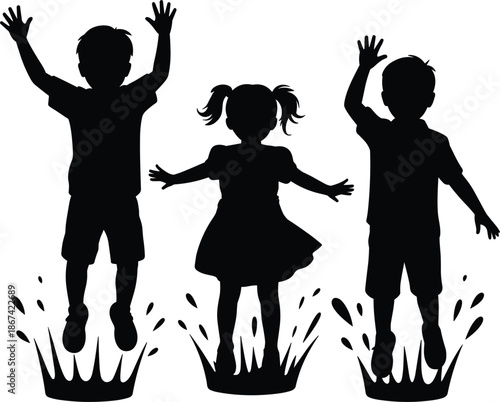 Children jumping in water puddles silhouette vector, happy kids playing outdoors for rainy day fun design