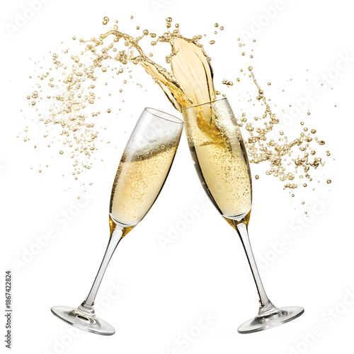 Celebratory Champagne Flutes Clinking Together isolated on transparent background