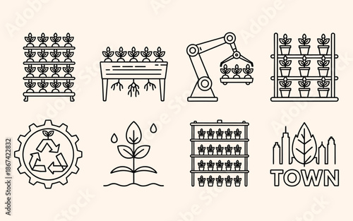 minimalist linear icons vector collection showing hydroponic farming smart agriculture automation urban gardening and sustainable food production for eco friendly design.