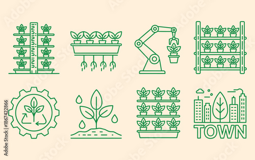 minimalist linear icons vector collection showing hydroponic farming smart agriculture automation urban gardening and sustainable food production for eco friendly design.