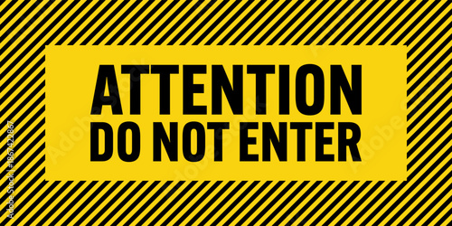 Warning sign with yellow and black diagonal lines. Attention, danger or caution symbol. Construction site signage, road safety notice, hazard banner, security alert shield. Vector illustration.