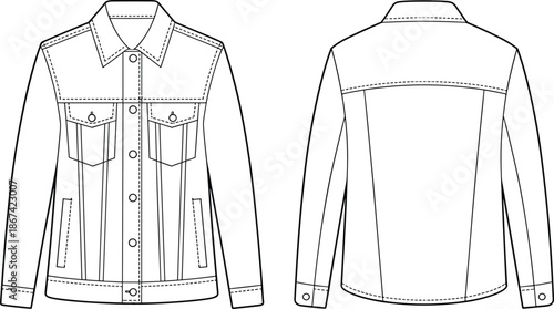 Front and back view of a denim jacket with button closure and chest pockets front view clothing