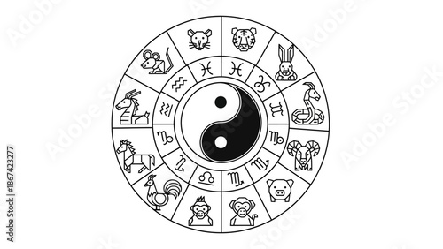 Chinese zodiac wheel with yin yang.