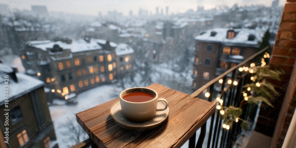 Fototapeta premium cozy winter balcony concept. Cozy winter scene with a cup of tea on a snowy balcony.