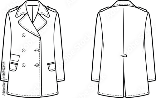 Front and back view of a double-breasted trench coat fashion flat illustration on white outerwear clothing