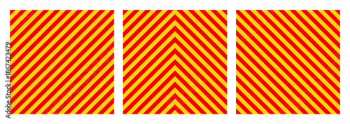 Warning sign with red and white diagonal lines. Attention, danger or caution symbol. Construction site signage, road safety notice, hazard banner, security alert shield. Vector illustration.