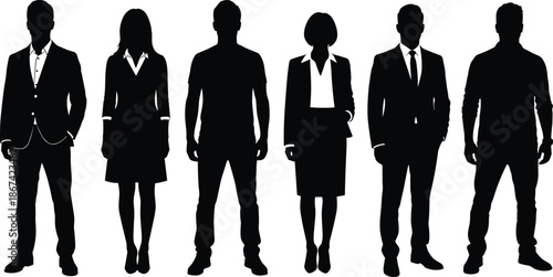 Diverse business team in smart casual attire, professional corporate group standing, marathon runners silhouette, office colleagues line art vector set