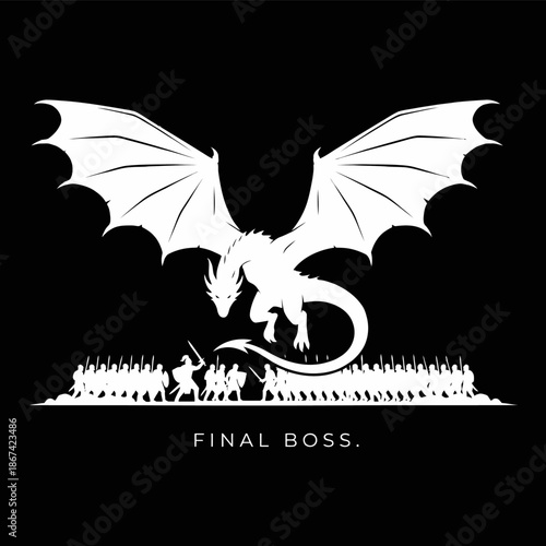 Epic dragon confronting army of soldiers vector illustration