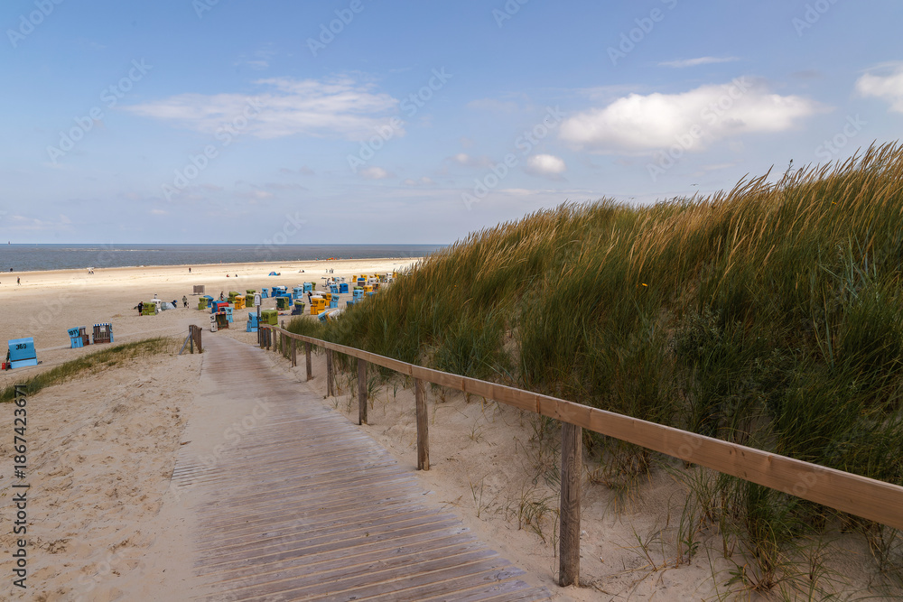 Fototapeta premium Holzbohlenweg führt durch die Dünen mit hohem Gras zu einem Sandstrand mit Strandkörben auf der Insel Langeoog
