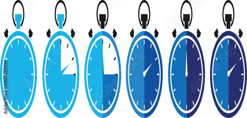 Vector illustration set of blue stopwatch timers featuring various countdown intervals and shaded time segments on a white background for scheduling concepts.
