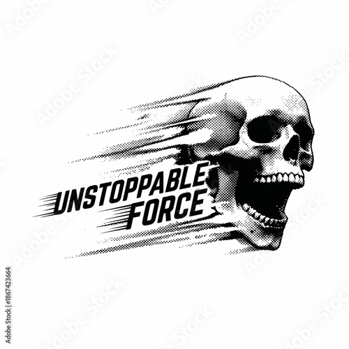 Human skull moving at high speed halftone vector illustration