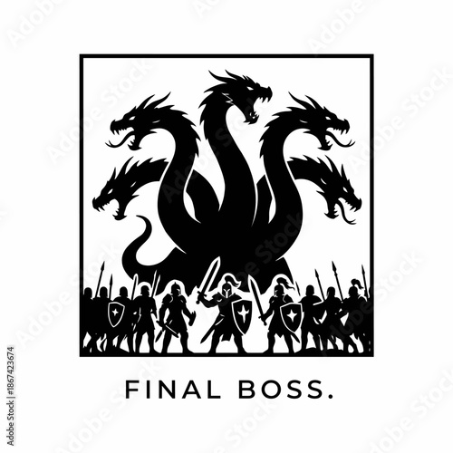 Medieval knights facing multiheaded hydra dragon vector illustration