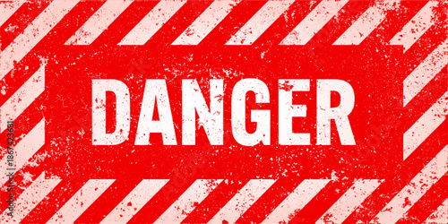 Warning sign with red and white diagonal lines. Attention, danger or caution symbol. Construction site signage, road safety notice, hazard banner, security alert shield. Vector illustration.