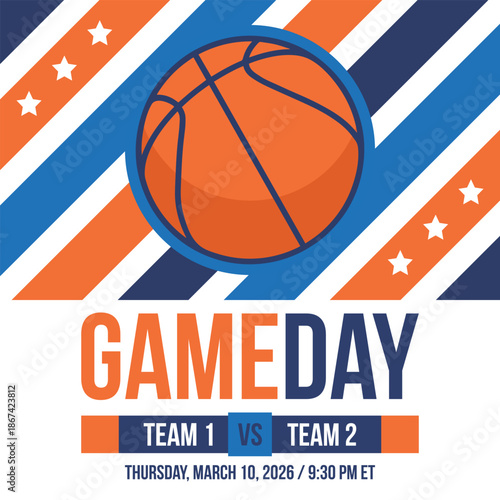 Game Day. Basketball playoff in March. Super sport party in United States. Final games of season tournament. Professional team championship. Ball for basketball. Sport poster. Vector
