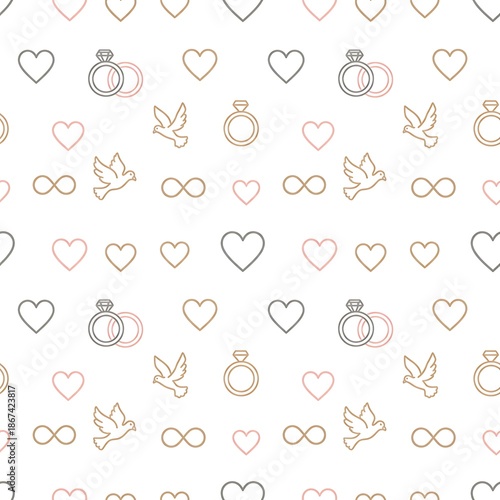 Luxury Minimal Valentine Seamless Pattern with Hearts, Doves, Rings & Infinity Symbols in Champagne and Blush