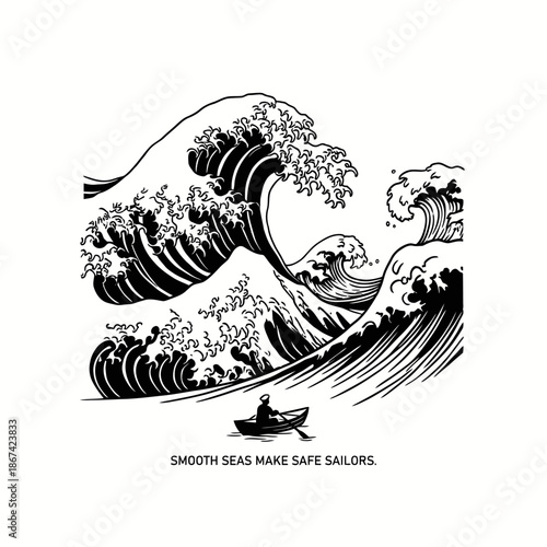Sailor rowing small boat through giant ocean waves vector illustration