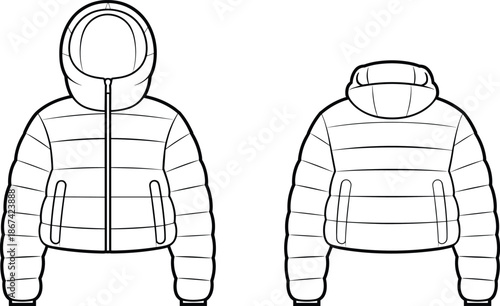 Front and back view of a puffer jacket fashion flat illustration on white down jacket winter jacket