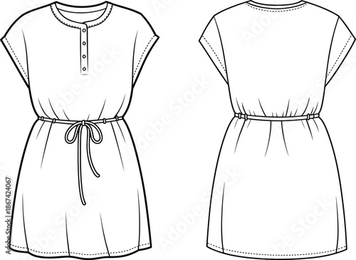 Front and back view of a short-sleeved belted dress with button detail short sleeve fashion