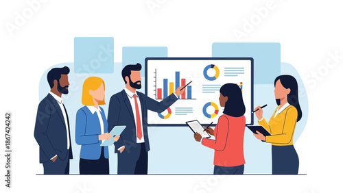 Business team analyzing financial charts on a presentation screen