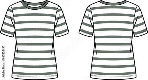 Front and back view of a striped t-shirt with short sleeves and a crew neck clothing apparel