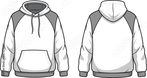 Front and back view of a white and gray raglan sleeve hoodie with drawstring sweatshirt front view