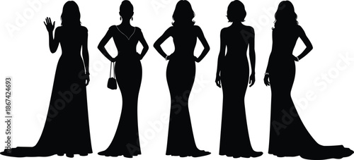 Elegant women silhouettes set wearing long evening gowns, female fashion poses with luxury style, glamour event concept isolated black vector illustration